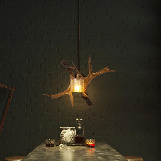 Apliqa Zoye Ahşap Geyik Boynuzu Desenli Modern Kafe Restoran. Salon Aplik