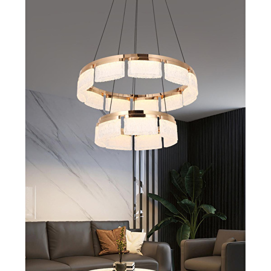 Apliqa Rosae 2 Katlı Gold Krisatal Yuvarlak Sarkıt Salon Led Avize