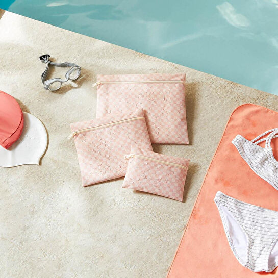 Ocean Home Textile 3'lü Su Geçirmez Pvc Astarlı Pembe Dama Desen Islak Kuru Çantası 20 X 13 / 24 X 20 / 30 X 24 Cm