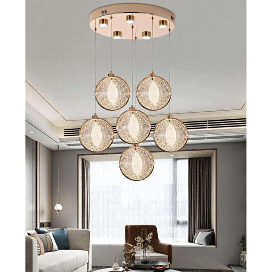 Apliqa Edward 6'lı 70 Watt Yuvarlak Gold Ledli Modern Salon Avize