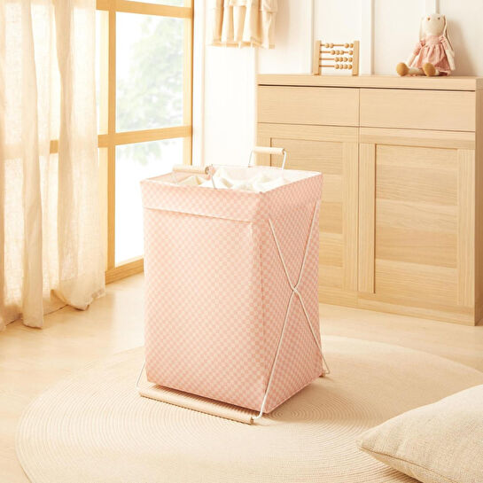 Ocean Home Textile Katlanabilir Metal Destekli Beyaz Renk Pembe Dama Desen Çamaşır Sepeti 36 X 33 X 60 Cm