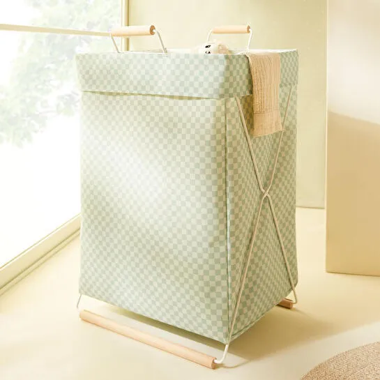 Ocean Home Textile Katlanabilir Metal Destekli Beyaz Renk Mint Dama Desen Çamaşır Sepeti 36 X 33 X 60 Cm