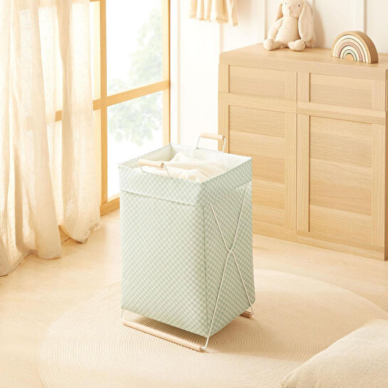 Ocean Home Textile Katlanabilir Metal Destekli Beyaz Renk Mint Dama Desen Çamaşır Sepeti 36 X 33 X 60 Cm