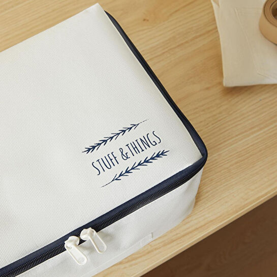 Ocean Home Textile 4'lü Lacivert Fermuarlı Beyaz Renk Stuff & Things Hurç Set 30 X 22 X 18 + 52 X 28 X 21 Cm