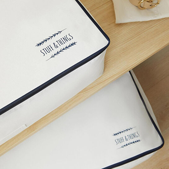 Ocean Home Textile 2'li Mega Boy Lacivert Fermuarlı Beyaz Renk Stuff & Things Baza Altı Hurç Set 74 X 46 X 22 Cm