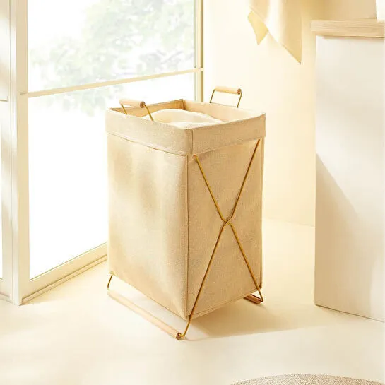 Ocean Home Textile Katlanabilir Metal Destekli Altın Renk Jüt Keten Çamaşır Sepeti 36 X 33 X 60 Cm