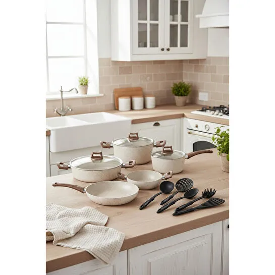 Bernardo Marcel 13 Parça Granit Tencere Seti Krem