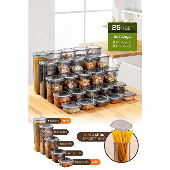 Vienev Etiketli 25'li Set Bakliyat Saklama Kabı Antrasit