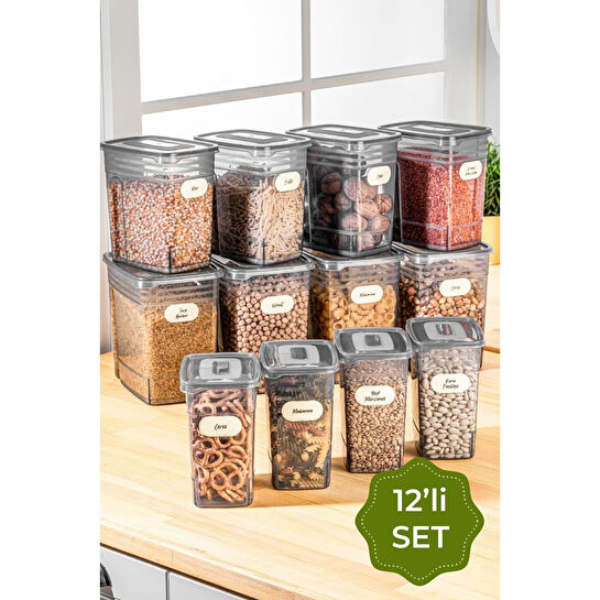 Vienev Etiketli 12li Set Strip Mega Boy Erzak Saklama Kabı 4x(1,25 Litre, 2 Litre, 3,5 Litre) Antrasit