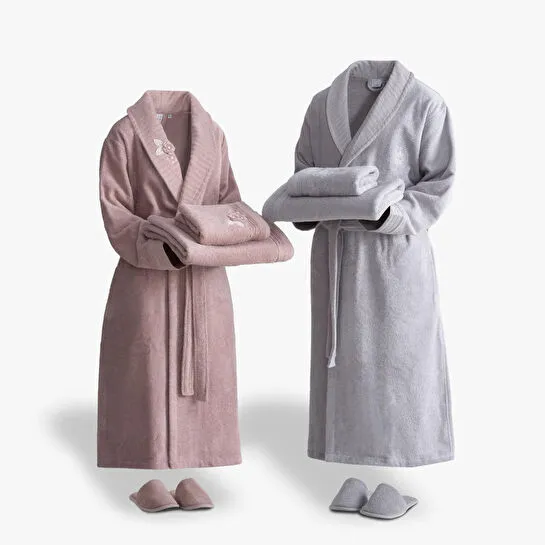 Green Black Rosalya Aile Bornoz Seti 10 Parça %100 Pamuk Nakışlı Pudra-gri