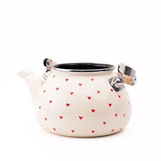 Emaylab Cupid Emaye Kalp Desenli Vintage Kettle - 2 Litre, Ocağa Koyulabilir, Emaye Su Isıtıcı Krem
