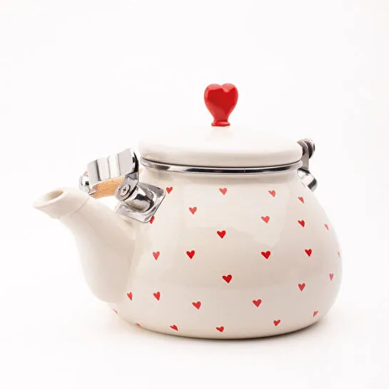 Emaylab Cupid Emaye Kalp Desenli Vintage Kettle - 2 Litre, Ocağa Koyulabilir, Emaye Su Isıtıcı Krem