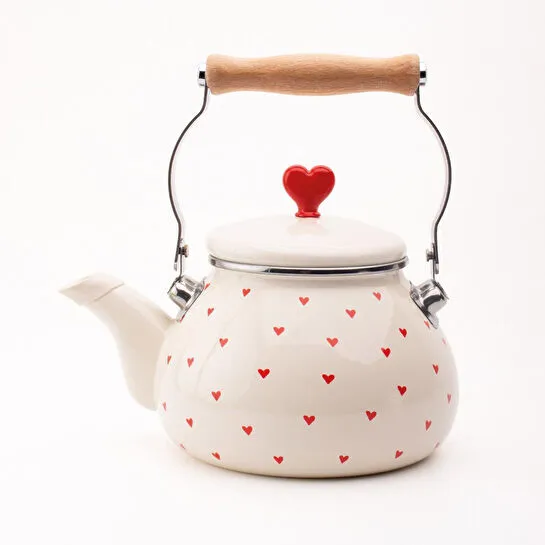 Emaylab Cupid Emaye Kalp Desenli Vintage Kettle - 2 Litre, Ocağa Koyulabilir, Emaye Su Isıtıcı Krem