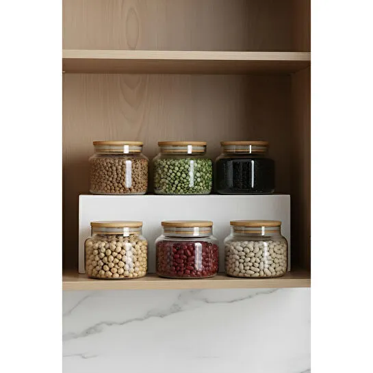 Rakle Basic Bambu Kapaklı 6'lı Cam Kavanoz Seti 350 Cc