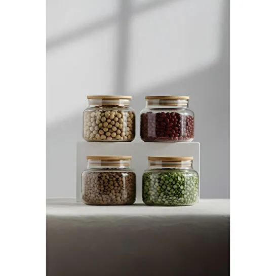 Rakle Basic Bambu Kapaklı 4'lü Cam Kavanoz Seti 350 Cc