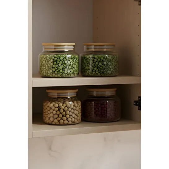 Rakle Basic Bambu Kapaklı 4'lü Cam Kavanoz Seti 350 Cc