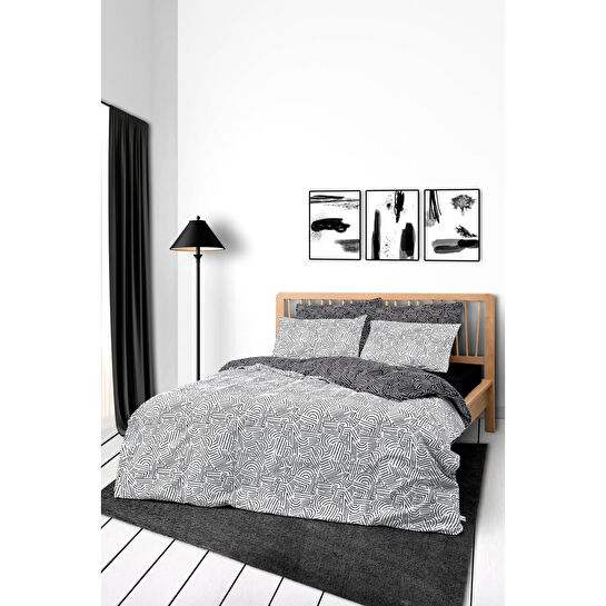 Cozy Home Mono Çift Kişilik Lastikli Çarşaflı Nevresim Takımı Maze Siyah