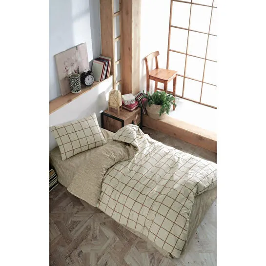Cozy Home Tek Kişilik Lastikli Çarşaflı Nevresim Takımı Kare Krem