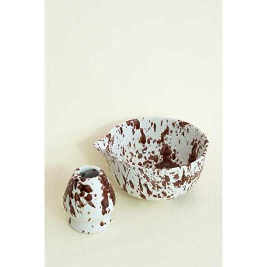 Beige & Stone Seramik Parlak Kahverengi Benekli Matcha Kase Ve Whisk Tutacağı Set