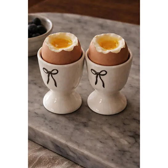 Beige & Stone Fiyonk Detaylı Seramik Yumurta Kadehi – 2’li Set | Krem