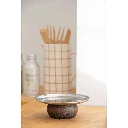 Beige & Stone Ahşap Tabanlı Metal 18 Cm Yuvarlak Servis/sunum Tabak Dekoratif Stand