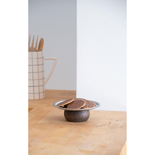 Beige & Stone Ahşap Tabanlı Metal 18 Cm Yuvarlak Servis/sunum Tabak Dekoratif Stand