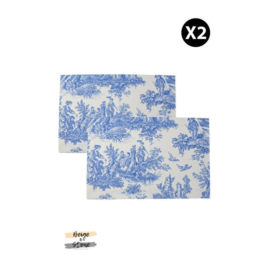 Beige & Stone Mavi Pastoral Desenli Dikdörtgen Amerikan Servis 2'li