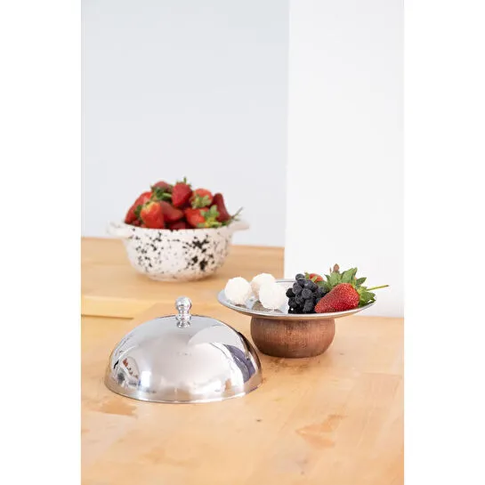 Beige & Stone Çelik Tatlı Meyve Sunum Fanus 16 Cm & Ahşap Ayaklı Metal Stand 18 Cm