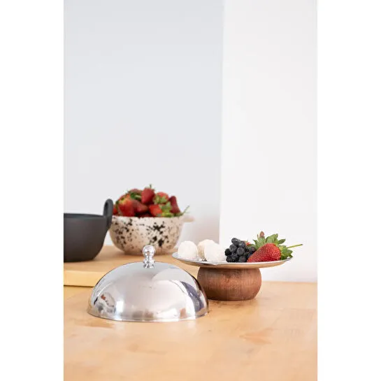 Beige & Stone Çelik Tatlı Meyve Sunum Fanus 16 Cm & Ahşap Ayaklı Metal Stand 18 Cm