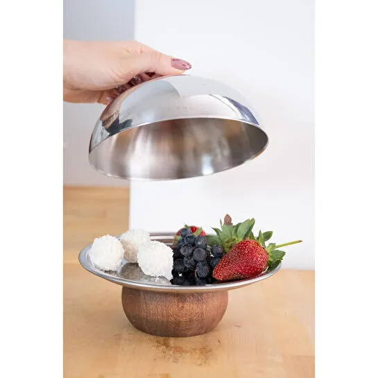 Beige & Stone Çelik Tatlı Meyve Sunum Fanus 16 Cm & Ahşap Ayaklı Metal Stand 18 Cm