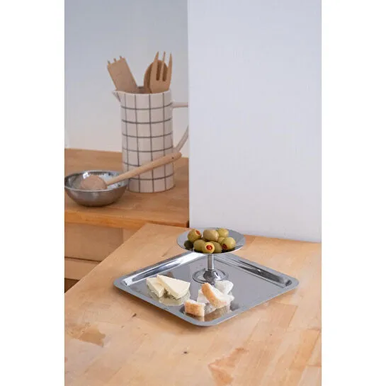 Beige & Stone Metal Kare Çelik Servis / Sunum Tepsi Tabağı