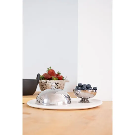 Beige & Stone Paslanmaz Çelik Tatlı Pasta Meyve Sunum Fanus – 13 Cm