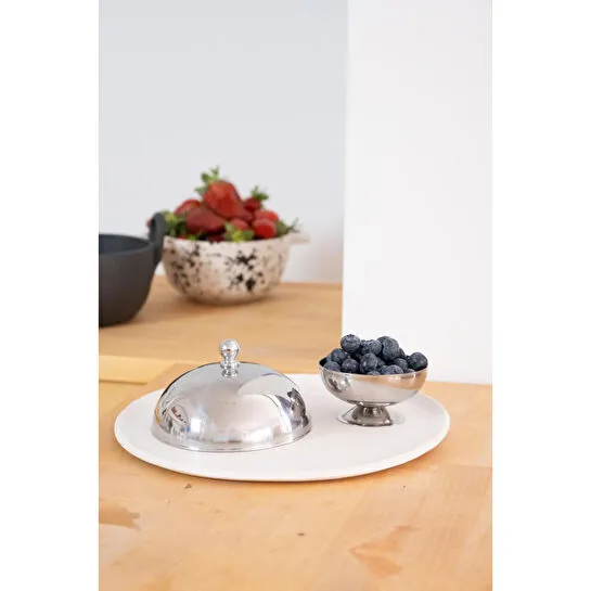 Beige & Stone Paslanmaz Çelik Tatlı Pasta Meyve Sunum Fanus – 13 Cm