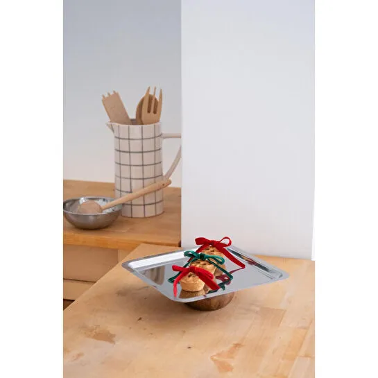 Beige & Stone Şık 23 Cm Kare Çelik Ahşap Ayaklı Atıştırmalık, Tatlı, Peynir Sunum Tepsisi