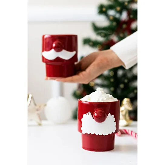 Beige & Stone 2'li Yılbaşı Noel Baba Beyaz Bıyıklı Kupa Seti