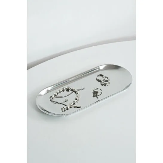 Beige & Stone Dekoratif Gümüş Büyük Oval Takı Organizeri Ve Sunum Tepsisi