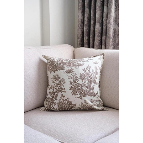 Beige & Stone Kahverengi Vintage Desenli 45x45 Dekoratif Yastık Kılıfı