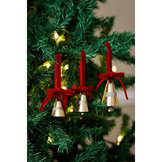 Beige & Stone X Den.ınteriors Yılbaşı Ağacı Süsleme Seti 3'lü Kadife Kurdeleli Gold Renk Çan Ağaç Süsü