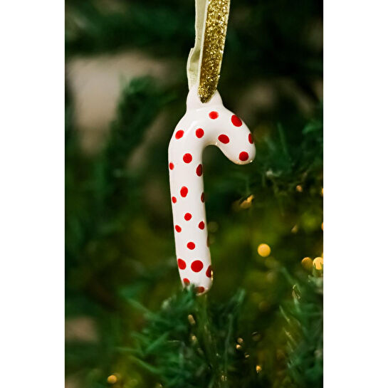 Beige & Stone Yılbaşı Ağaç Süsü Benekli Seramik Baston Çam Ağacı Süsü