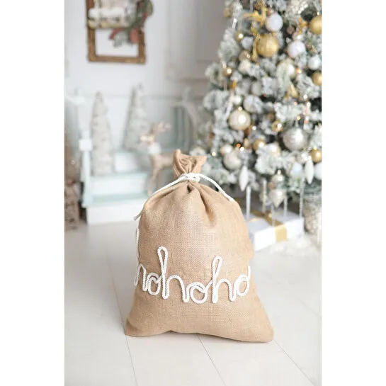 Beige & Stone Jüt Ho Ho Ho Süslemeli Yılbaşı Hediye Çuvalı
