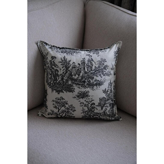 Beige & Stone Siyah Vintage Desenli 45x45 Dekoratif Yastık Kılıfı