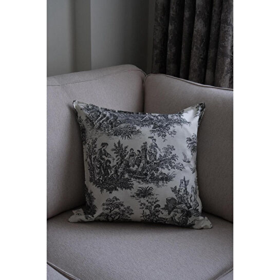 Beige & Stone Siyah Vintage Desenli 45x45 Dekoratif Yastık Kılıfı