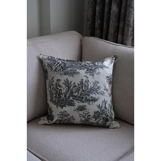 Beige & Stone Siyah Vintage Desenli 45x45 Dekoratif Yastık Kılıfı