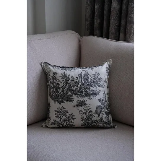 Beige & Stone Siyah Vintage Desenli 45x45 Dekoratif Yastık Kılıfı
