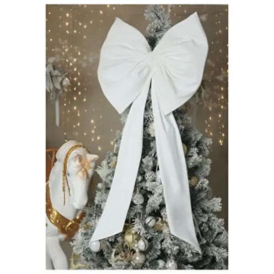 Beige & Stone Kurdele Yıllbaşı Ağaç Süs Noel Dev Beyaz Fiyonk 55x150 Cm Büyük
