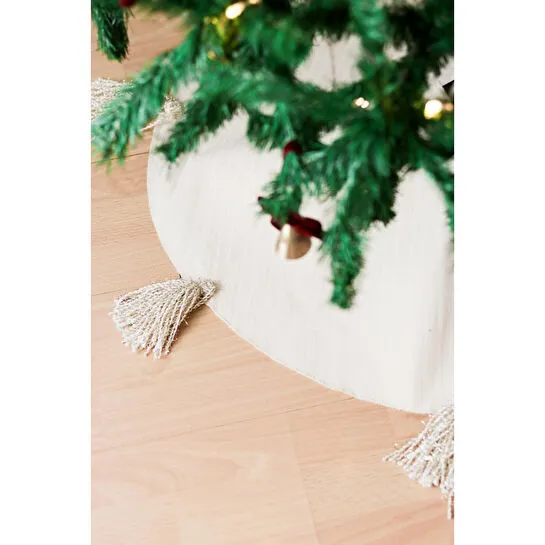 Beige & Stone Püsküllü Yılbaşı Çam Ağaç Altı Örtüsü 100 Cm Çaplı