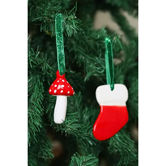 Beige & Stone Yılbaşı Ağaç Süsü Benekli Seramik Mantar-çorap 2'li Çam Ağacı Süsü