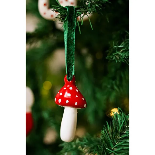 Beige & Stone Yılbaşı Ağaç Süsü Benekli Seramik Mantar Çam Ağacı Süsü