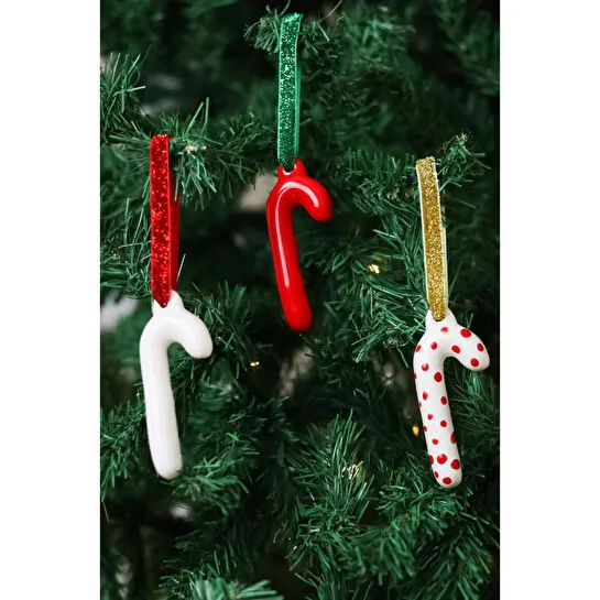 Beige & Stone Yılbaşı Ağaç Süsü Seramik Baston 3'lü Çam Ağacı Süsü