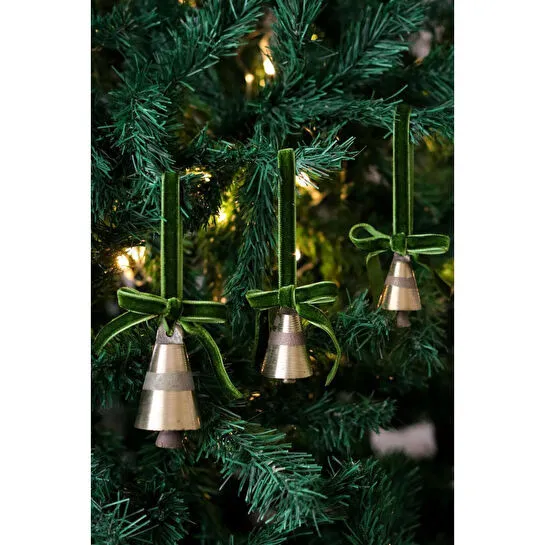 Beige & Stone X Den.ınteriors Yılbaşı Ağacı Süsleme Seti 3'lü Kadife Kurdeleli Gold Renk Çan Ağaç Süsü